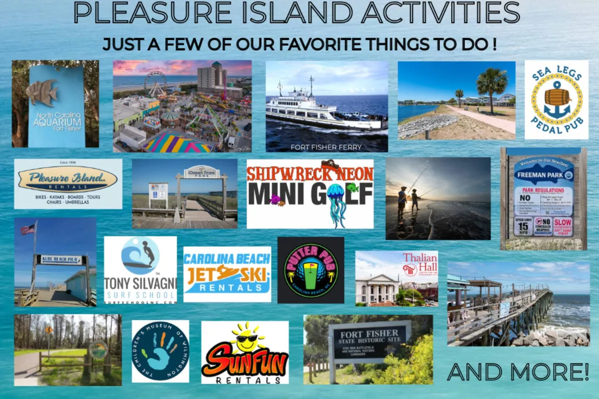 A vibrant collage showcasing local attractions like the North Carolina Aquarium, Fort Fisher Ferry, Shipwreck Neon Mini Golf, and more. It visually represents a wide variety of activities for all ages, from mini golf and aquariums to ferry rides and surf lessons.
